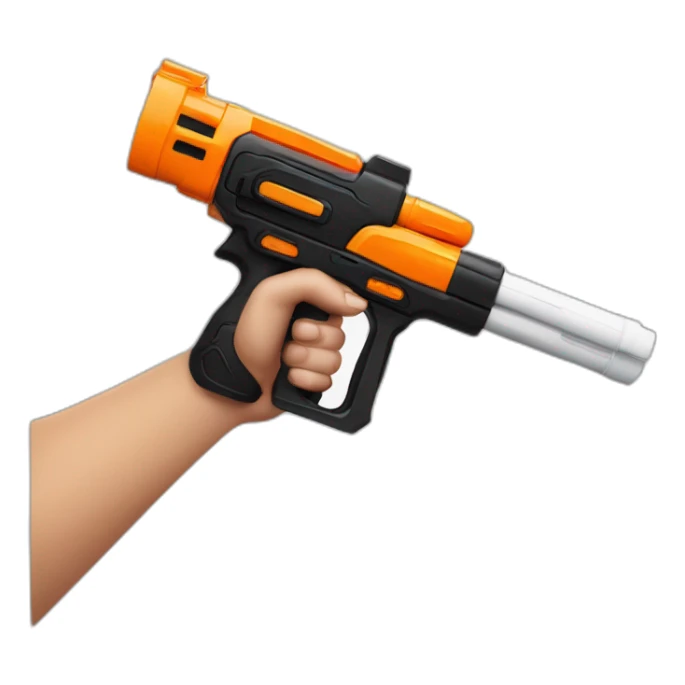 manicured hand holding large scary black and white nerf gun sticker