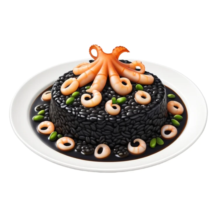 cinematic-realistic-black-risotto-dish-emoji,-showcasing-small squid pieces in black sauce -rendered-with-bold-textures-and-dynamic,-dramatic-lighting. sticker
