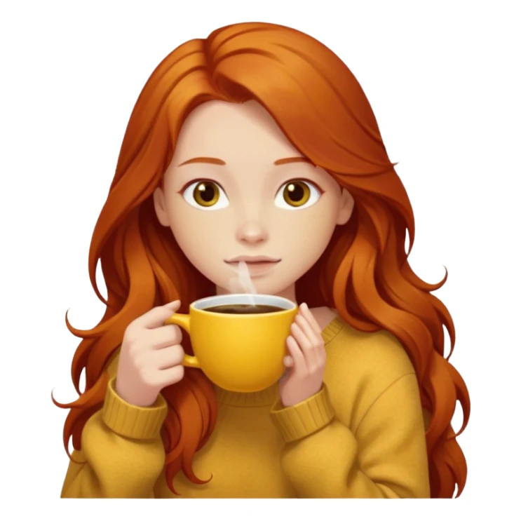 Happy long haired redhead hugging big yellow marble drinking coffee sticker