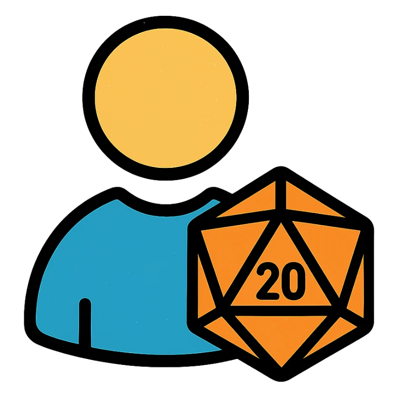 minimalist gray icon of a player silhouette with a D20 dice, worn distressed look sticker