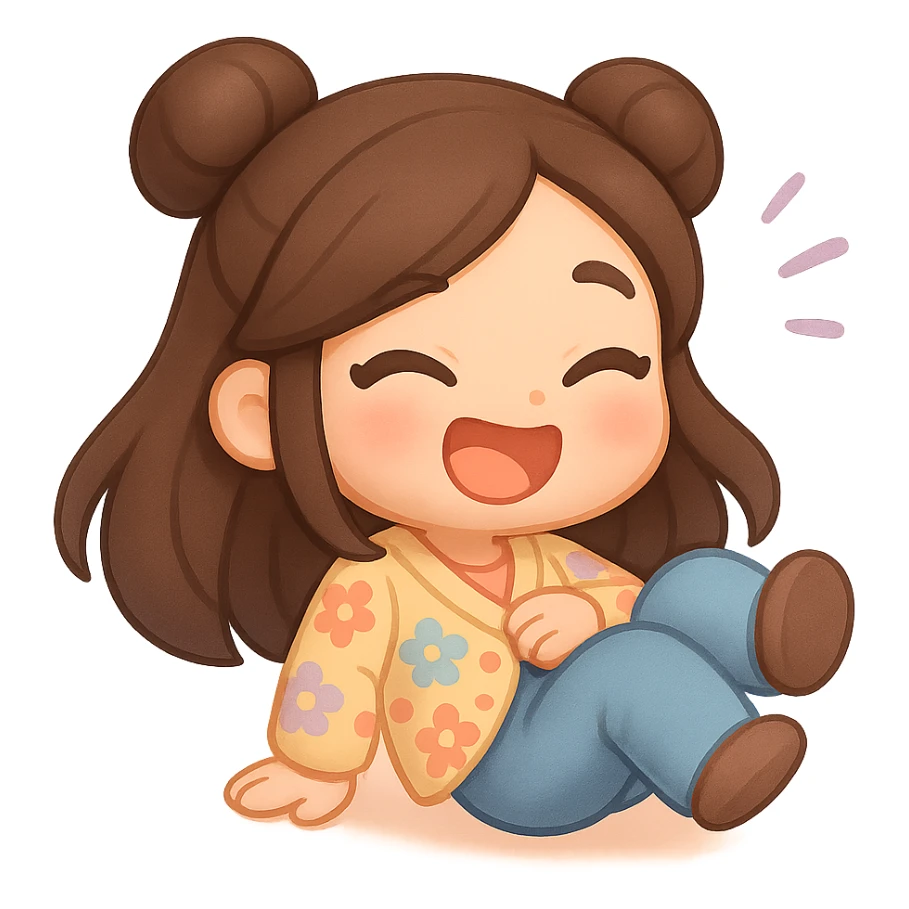 3D chibi style mochi girl, high-quality rendering with smooth shadows and soft gradients, long brown hair in two space buns, brown eyes, jeans, pastel floral cardigan, thick white outline like a sticker, transparent background, rolling on the floor laughing, preserve facial features from reference image sticker