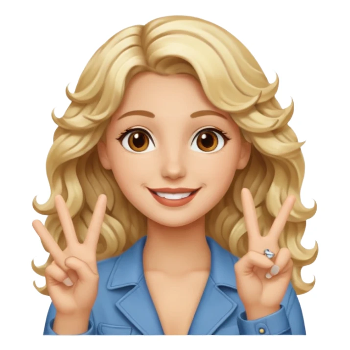 Luxury blonde model, brown eyes, wavy hair, peace sign sticker