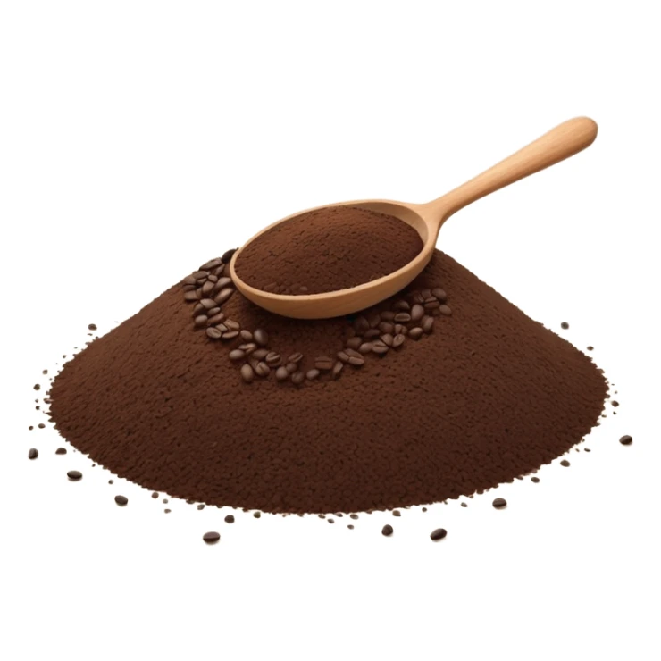 small mound of ground coffee, dark brown, textured, loose grains at base, tiny wooden spoon partially placed in, clean minimal 3D, soft shadows and lighting, realistic but stylized, no packaging no cup no beans sticker