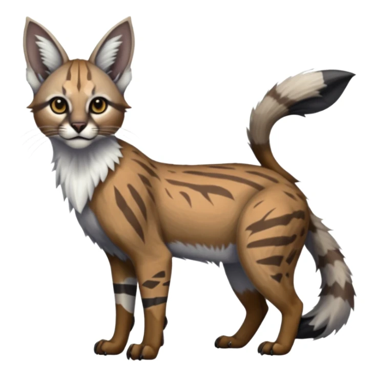 Realistic patterned marked edgy greyish blackish whitish silvery coppery Shiny Colorful Glossy Genet-Caracal-Lion-Bobcat-fusion-animal-hybrid-creature, full body, big-tufted-bat-ears, long-thin-tufted-white-tipped-tail sticker