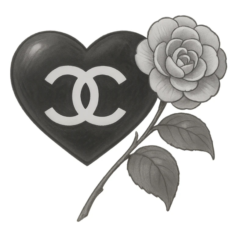 Chanel heart, dreamy, black and white, with a camellia flower sticker