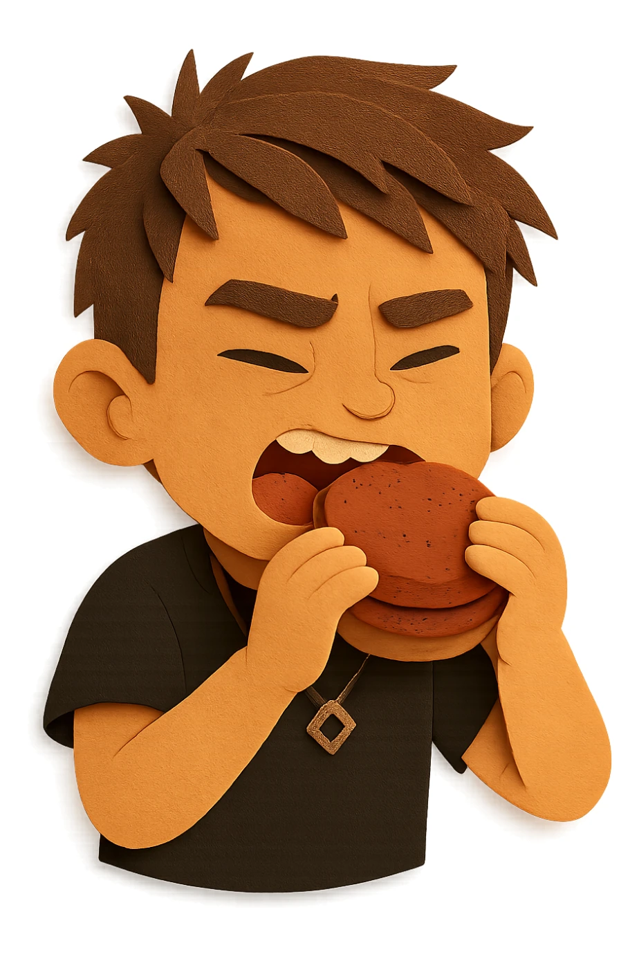 The same boy is now greedily chewing the meat patty sticker