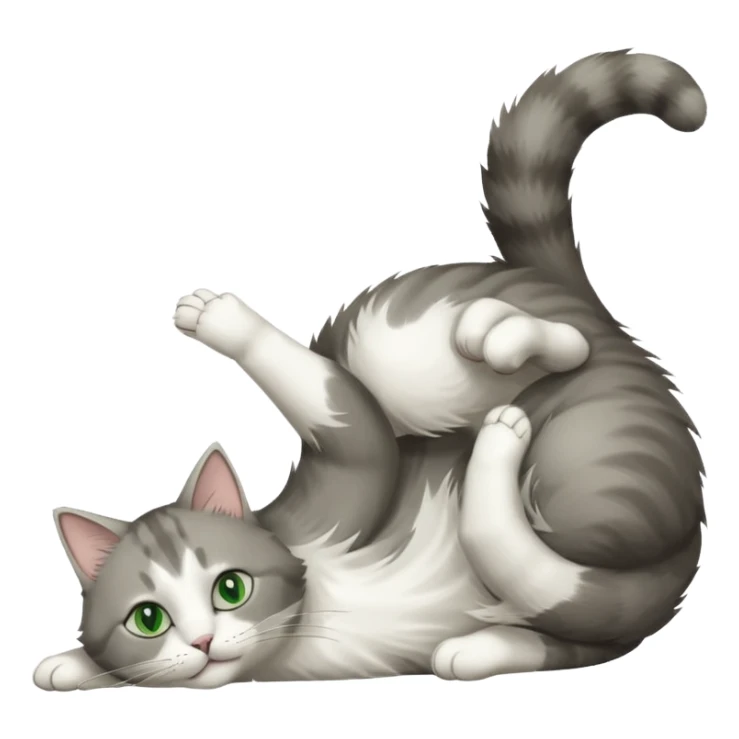 grey and white cat with green eyes doing a big extremely long stretch reaching up into the air with arms and legs side by side together straight and overextended whilst lying on its side sticker