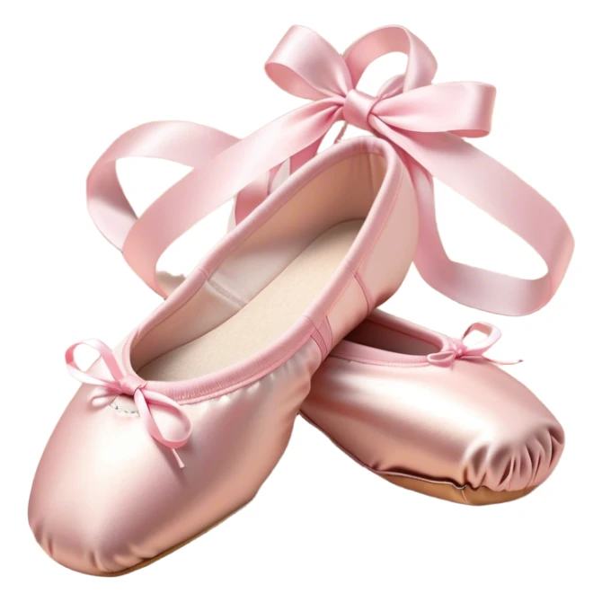 Cinematic Realistic Ballet Shoes, soft satin pink pointe shoes with delicate ribbons, resting gently on a polished wooden floor, subtle creases in the fabric, glowing under the warm golden light of a rehearsal studio, evoking elegance and grace. sticker