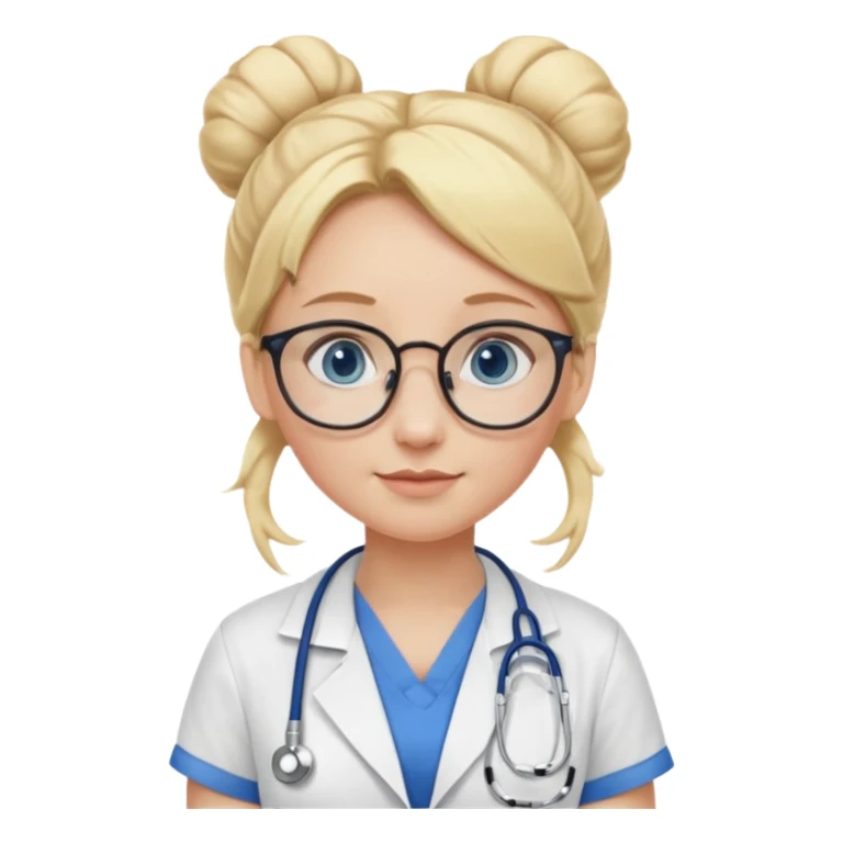 Blonde hair with two buns, blue eyes, stethoscope, and glasses sticker