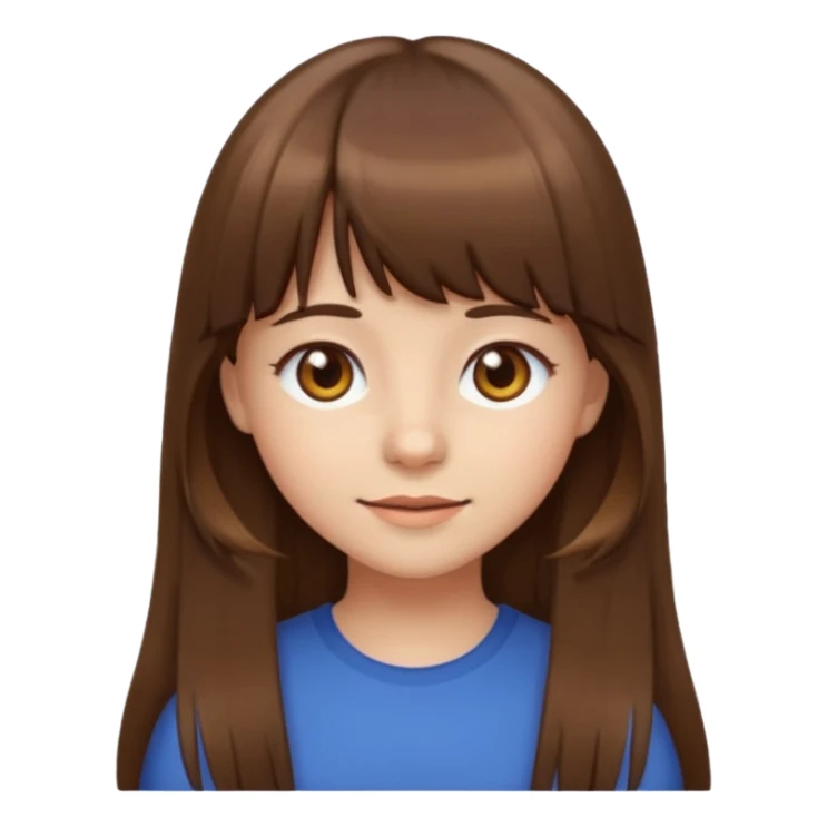girl emoji style, long brown hair with bangs, brown eyes, neutral expression sticker