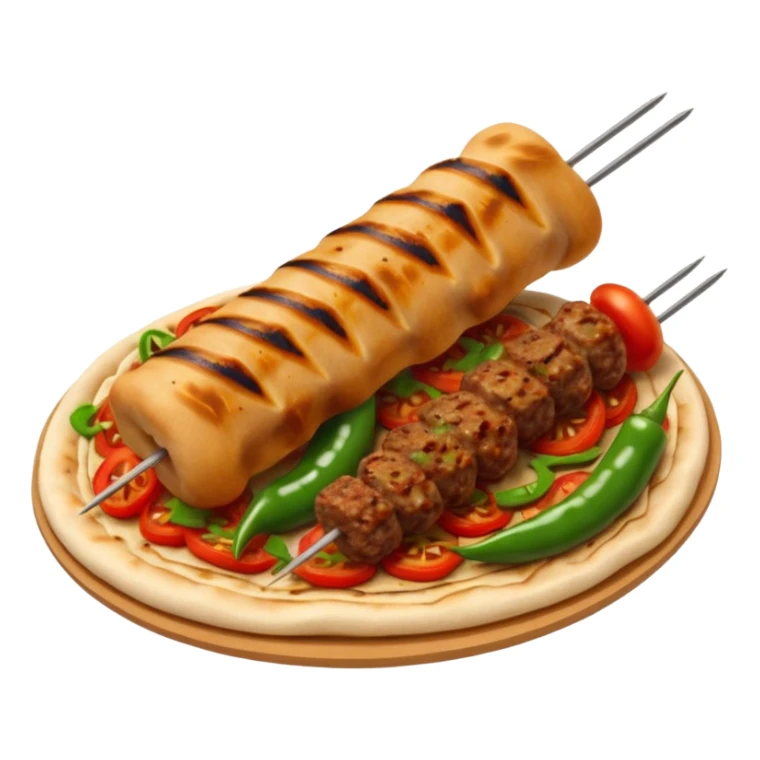 Adana kebab object icon, spicy grilled minced meat skewer, served on flatbread, grilled tomatoes and green peppers on the side, smoky char marks, juicy texture, 3D cartoon, mobile game icon style, centered, clean background, no text, no watermark
 sticker