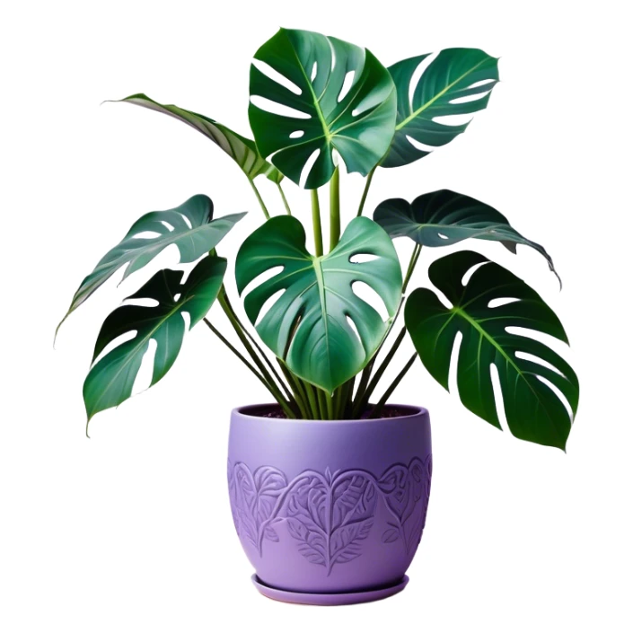 A stunning monstera plant with deep violet-green leaves, each leaf elegantly veined with subtle shades of purple, creating an ethereal glow. The plant is flourishing in a beautifully crafted lavender ceramic pot with intricate embossed floral patterns. The background features a softly blurred, moody violet gradient, enhancing the plant’s lush aesthetic. Delicate strands of ivy and tiny lavender blossoms cascade around the pot, adding depth and harmony. Soft, diffused lighting casts a gentle glow, emphasizing the plant’s unique coloration and creating a dreamy, artistic composition. sticker