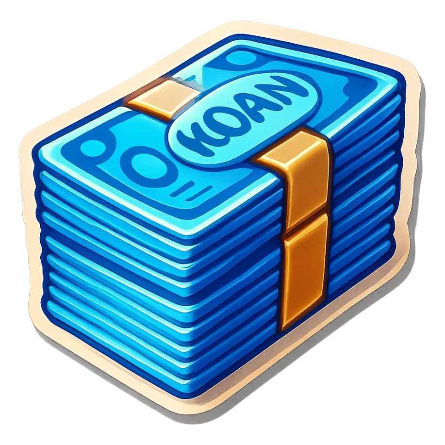 a massive bound stack of blue-and-white banknotes, koan bills , 90s futuristic sticker