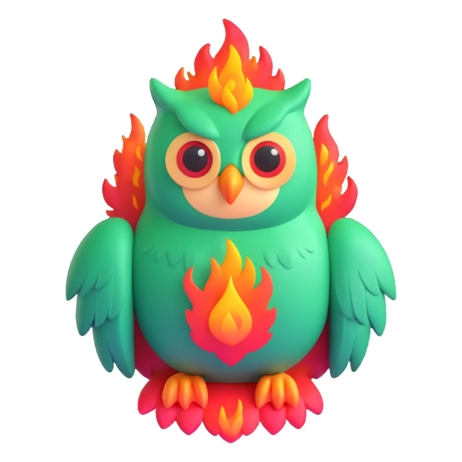 Duolingo green owl mascot with fire flames sticker