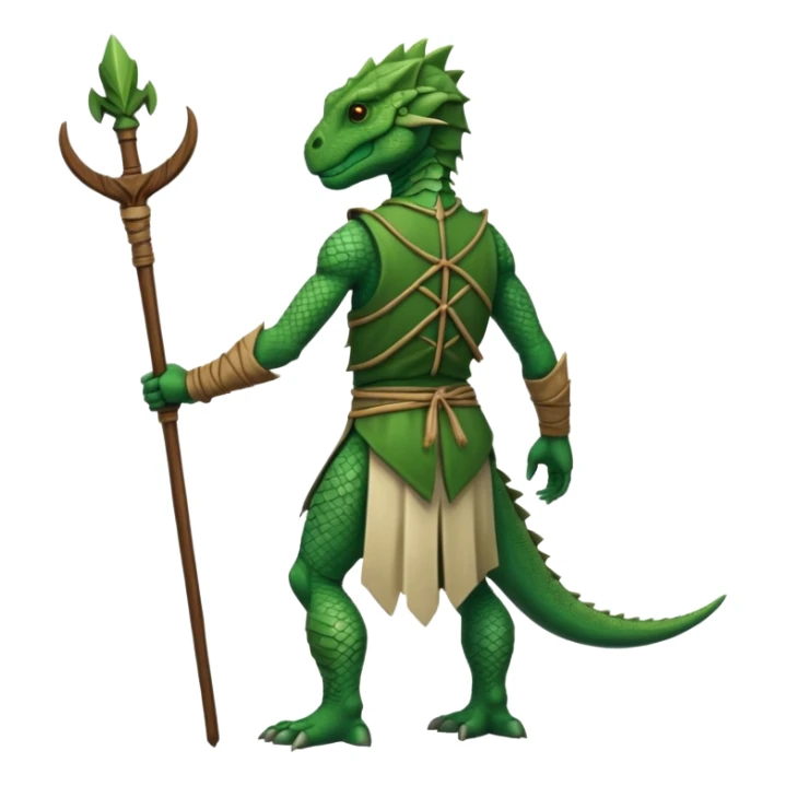 full body reptilian humanoid in ancient outfit, back view, with a staff sticker