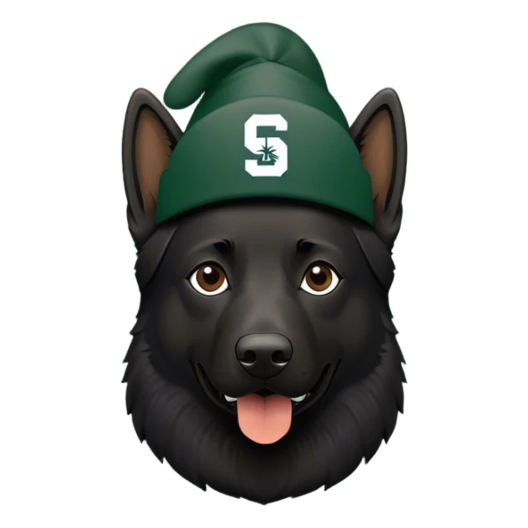 Black German shepherd wearing a Michigan state spartan hat sticker