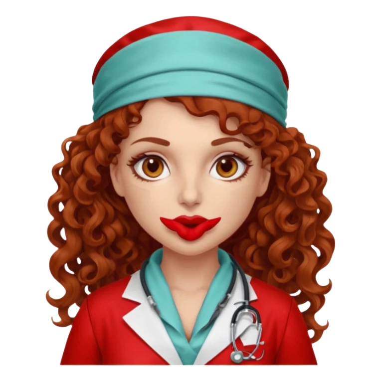 Sensual Spanish Lilith core evil surgeon.red outfit.  Surgeon has hazel eyes. Her hair is BROWN. Hair is also  long and  curly. wearing a sexy surgeon outfit with platform  heels.she is a calculated smart killer. She covers only her mouth and nose with silk scarf to hide identity  sticker