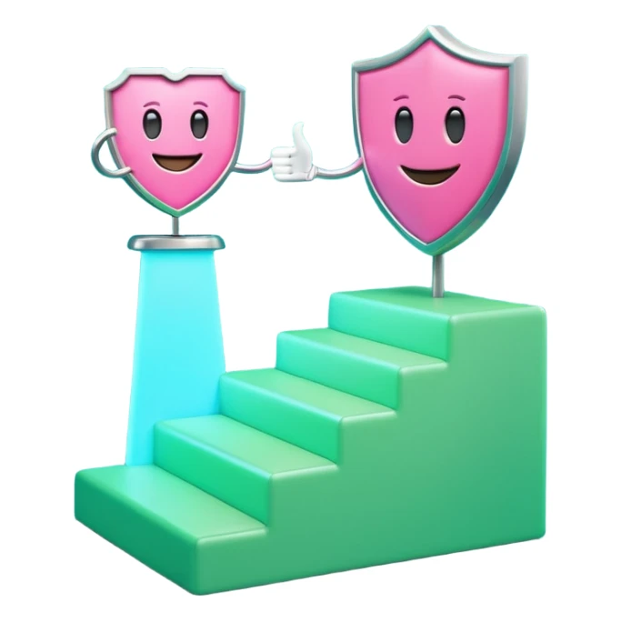 Minimalist 3D emoji-style podium with 2 steps on a green chroma key background. Step 1 (higher) features a handshake icon with blue neon glow. Step 2 (lower) features a smiling tooth with a shield icon and pink neon glow. Clean rendering, soft colors, uniform lighting sticker