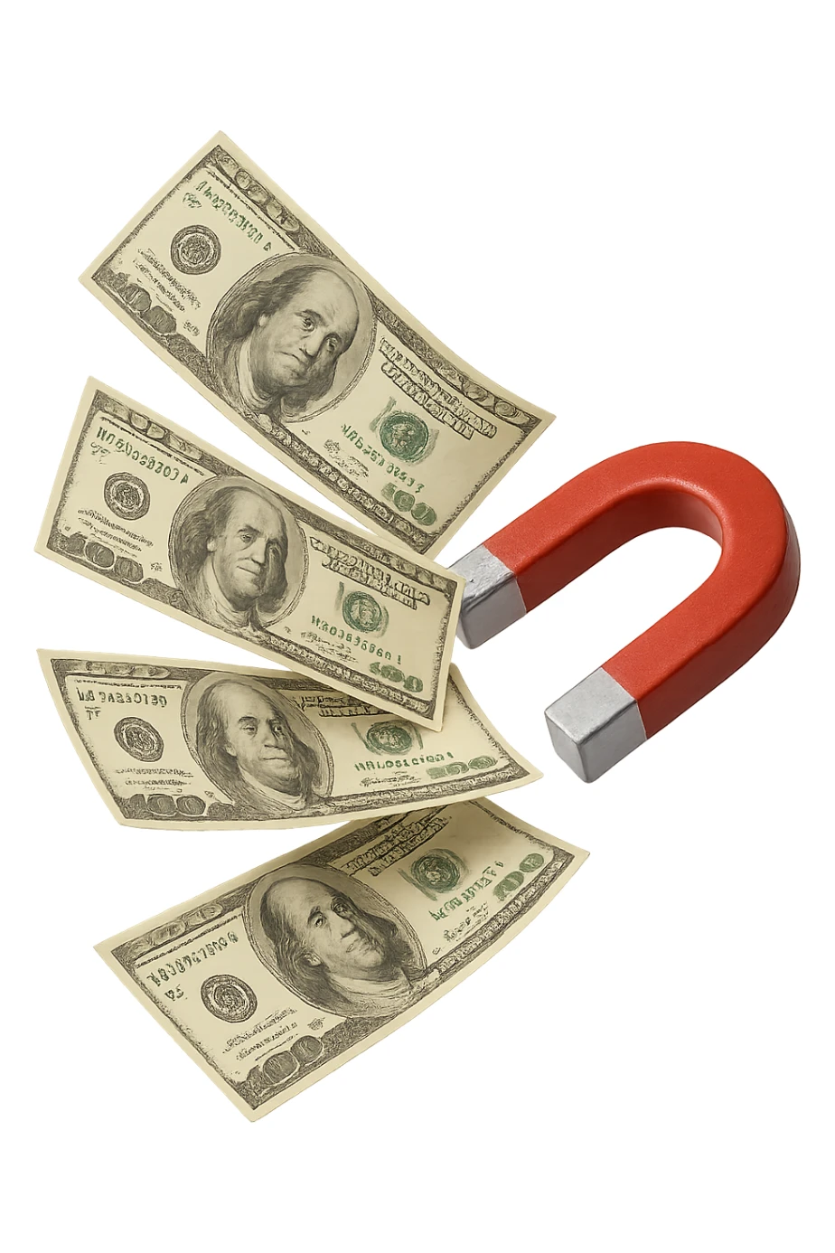 cinque banconote fluttuano in aria attratte da una calamita rossa, iperrealistica 4k, isolato su sfondo bianco sticker