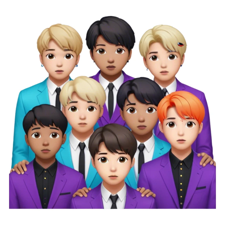 Cinematic Realistic group portrait of BTS featuring all 7 members in stylish modern attire, with detailed facial expressions and vibrant colors, captured in dynamic, contemporary lighting that emphasizes their global pop icon status sticker