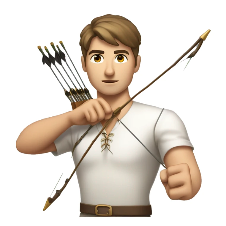 a male archer aiming with a bow facing  his target, eyes closed, wearing a white shirt, very short brown hair, bright skin, only show upper part of the body from waist up sticker