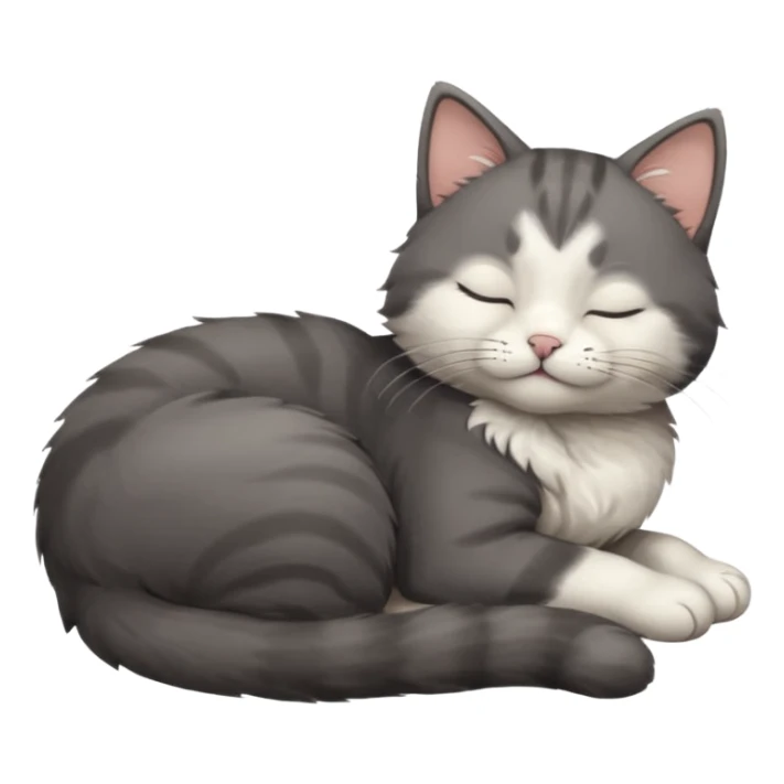 dark grey and white small cat with closed eyes, leaning his head on his paw while leaning on his elbow lying down sticker