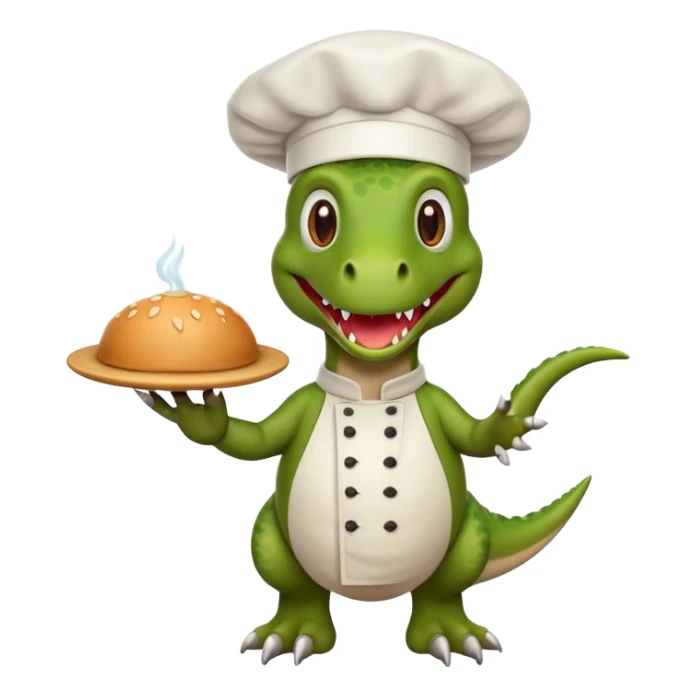 crea un dinorex cocinero alegre con características amigables  sticker