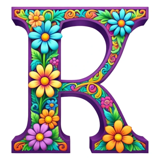 3D, gothic style psychedelic colored Letter I with hippie style flower border sticker