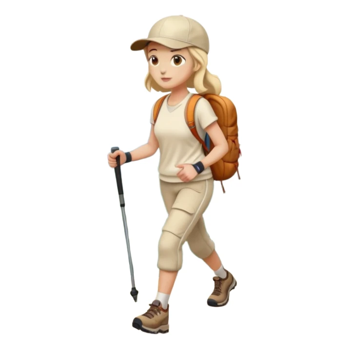 Full body woman hiking on mountain trail cream clothes baseball cap sticker