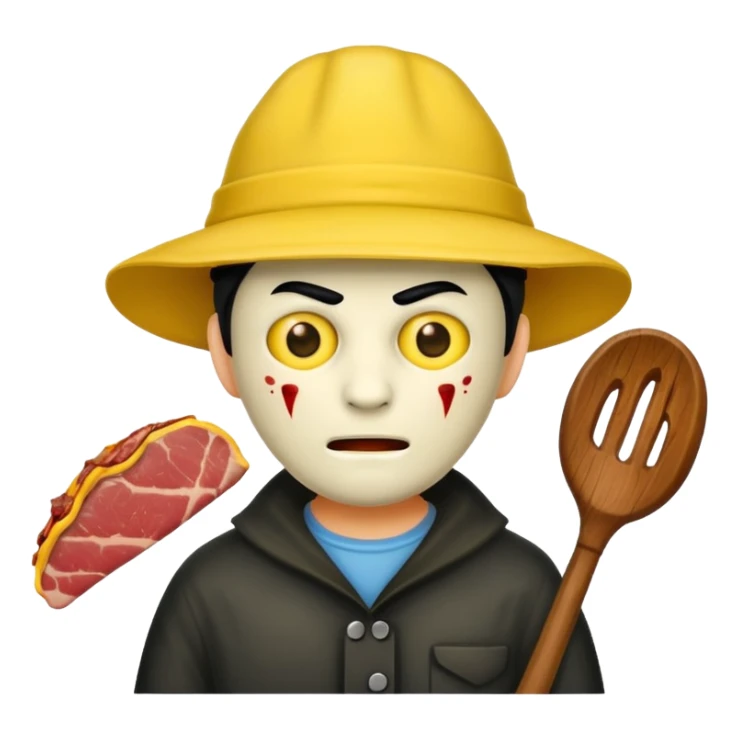 scary evil man look like from friday 13th with the yellow hat and meat khife sticker