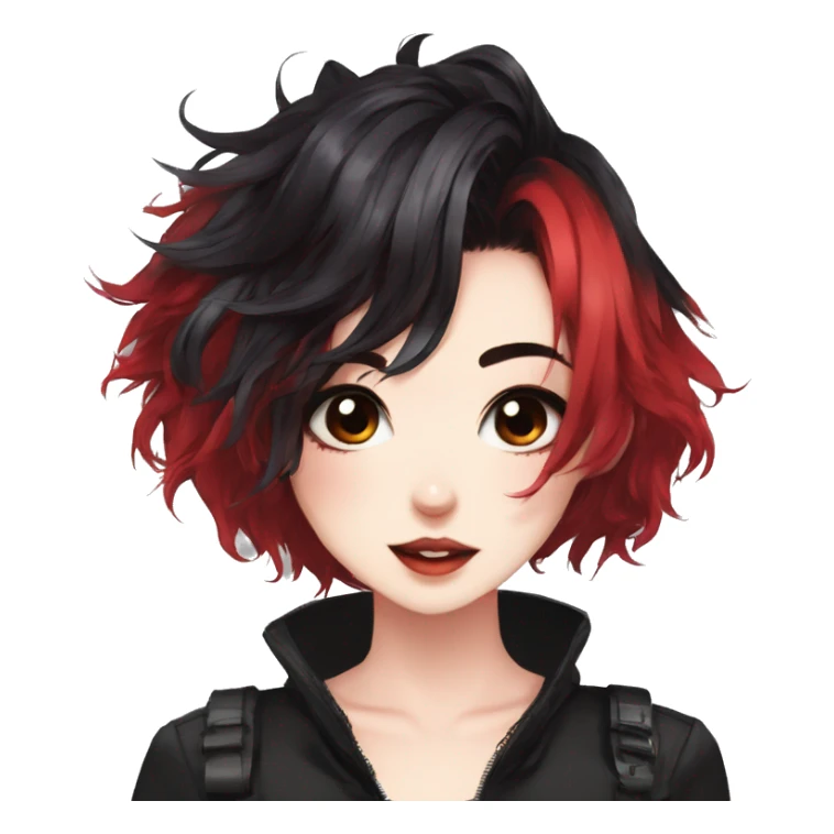 Gorgeous anime style lady with blushing face aesthetic and pretty edgy black red punk hair with hair garment trending style sticker