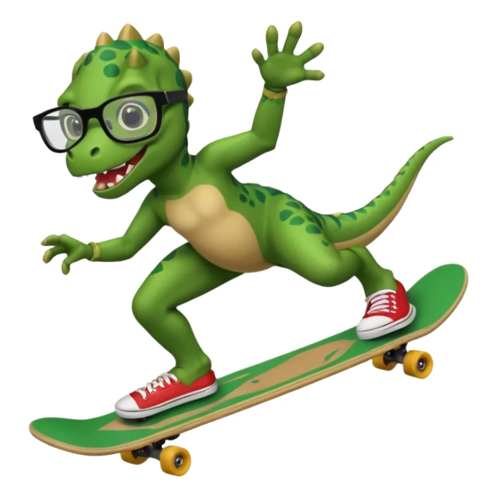 Dinosaur with glasses doing a kick flip on a skateboard sticker