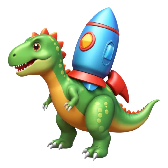 cute toy-like rocket-propelled dinosaur, rounded shapes, glossy texture, colorful rocket backpack, happy expression, 3D cartoon, mobile game icon style, clean background, no text, no watermark
 sticker