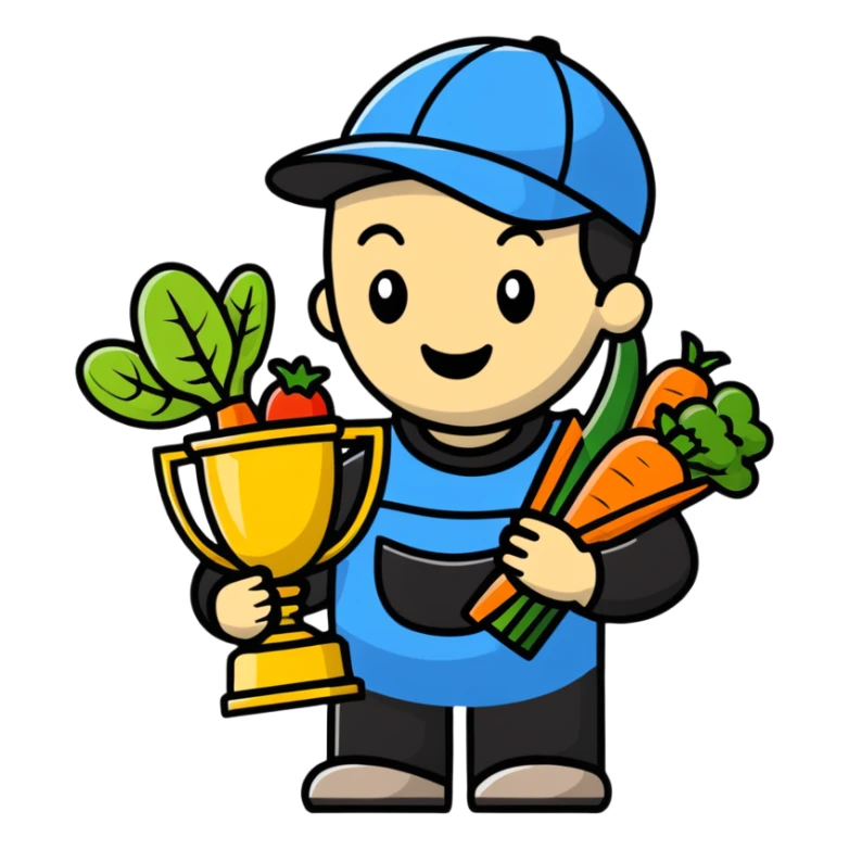 Happy gardener with trophy and prize vegetables sticker