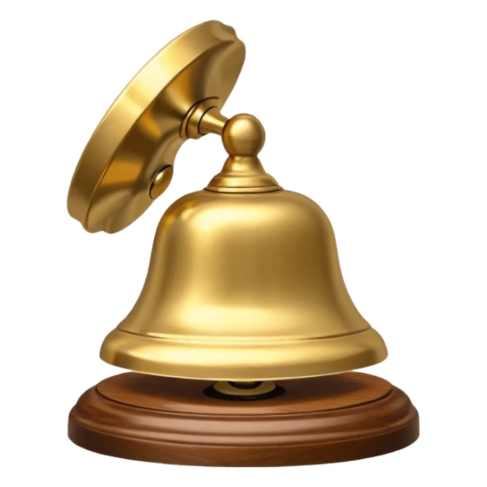 A hotel bell with a polished brass surface on a wooden base sticker