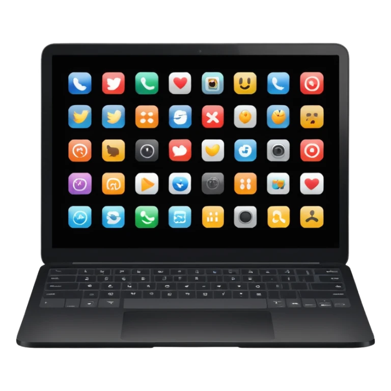 A simple black laptop displaying app icons in grid, no key labels sticker