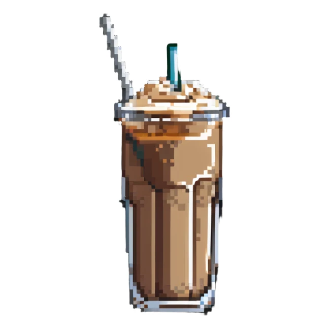 a glass of iced coffee with a metal straw sticker