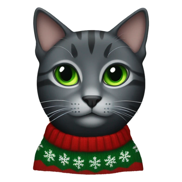 Black and grey Cat with green eyes and Christmas sweater sticker