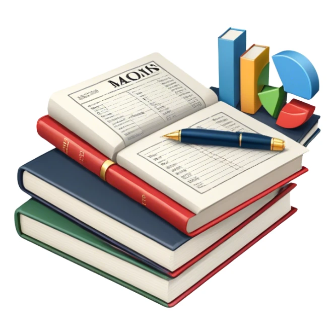 Icon for Business Reading: an open book with graphs, numbers, percentages, formulas, and text on the pages, next to a stack of books, a pile of dollars, a calculator, a pen, and business magazines like Forbes. Transparent background. sticker