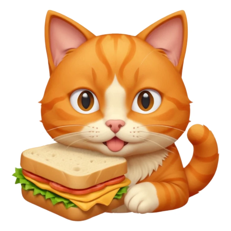 cute orange cat portrait, head and shoulders only, biting a sandwich, funny expression, 3D cartoon, mobile game icon style, clean background, no text, no watermark sticker
