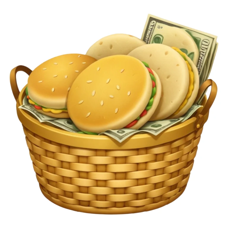 baskets, some overflowing with money, others with colombian arepas sticker