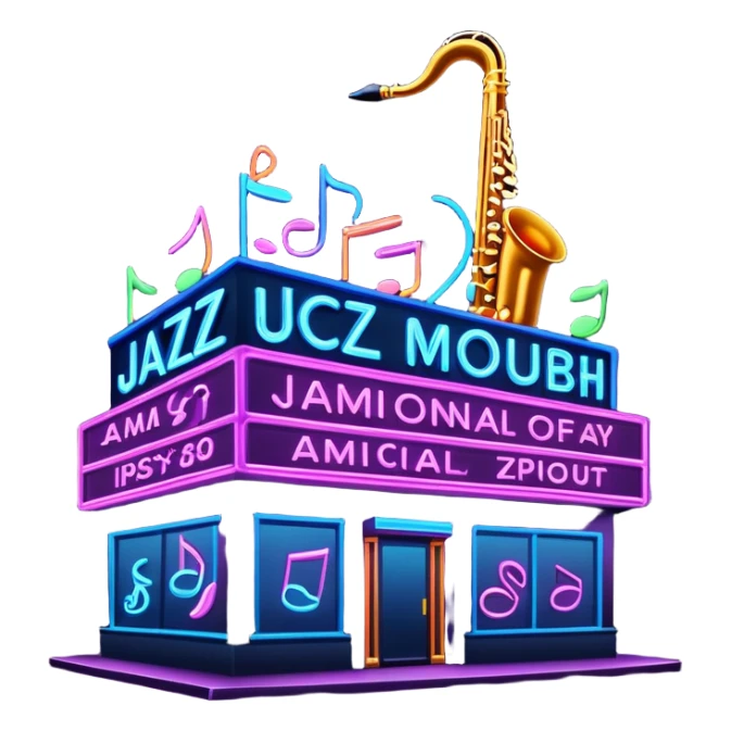 jazz nightclub with neon sign and musical notes on dark background sticker