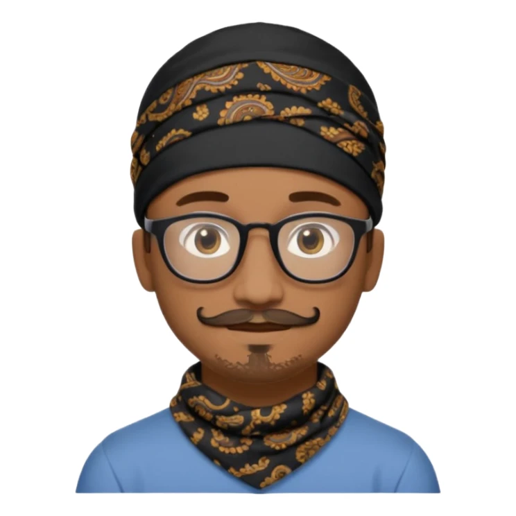A friendly person with medium-brown skin, large warm brown eyes, thin rectangular glasses, a short mustache and small goatee, wearing a black paisley bandana. Rounded face, calm slight smile. Head-and-shoulders emoji style, bold outlines, simple shapes, bright colors, transparent background. sticker