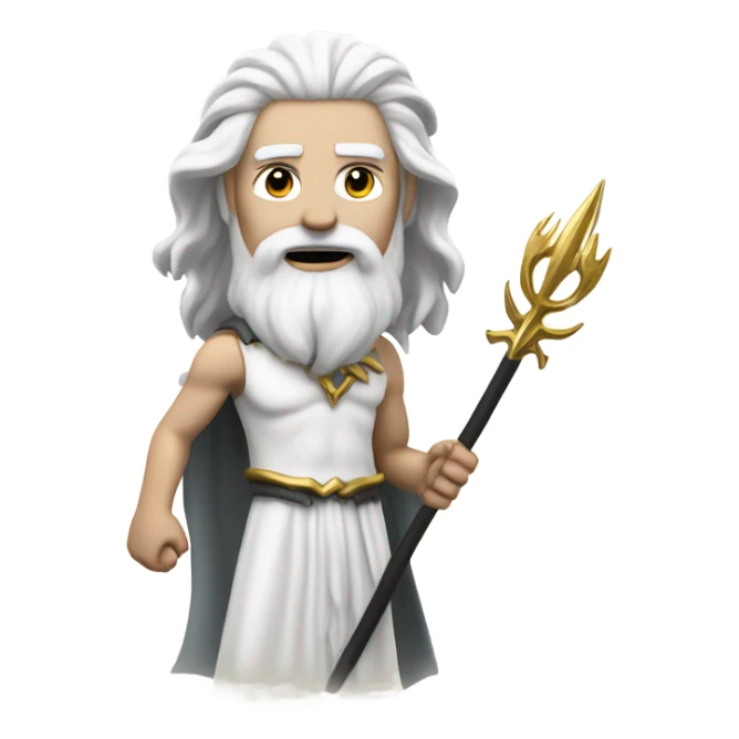 white man Poseidon with gold trident. long white hair white dress. black soot on face sticker