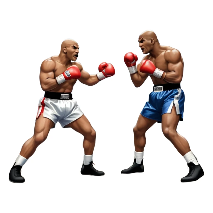 An intense boxing match between Mike Tyson and Evander Holyfield in the ring. Tyson is delivering a powerful uppercut, while Holyfield is poised for a counterattack. The background features a packed arena with bright lights and electrifying atmosphere. Transparent background sticker