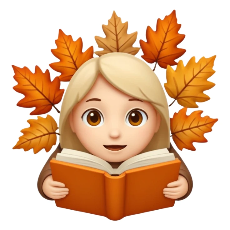 A cute 3D emoji autumn leaves around it, cozy fall colors (orange, brown, beige), playful and modern style, glossy finish, minimalistic but expressive, symbolizing a Fall Reading Challenge. sticker
