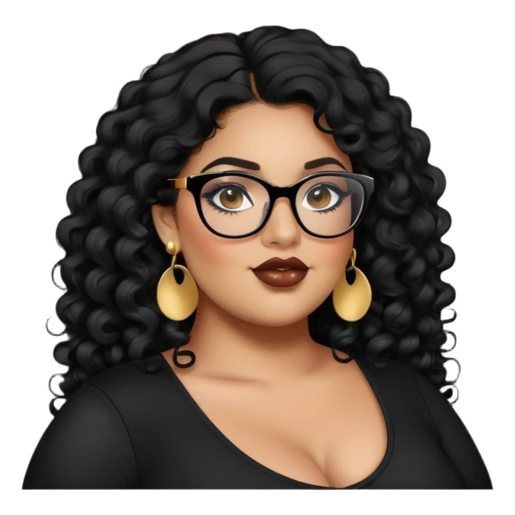 big plus size, latina, darker tan skin, long black curly hair, baddie,pretty, makeup, lipgloss, black eyeliner, long hair, SMALL gold earrings, black top, black glasses sticker