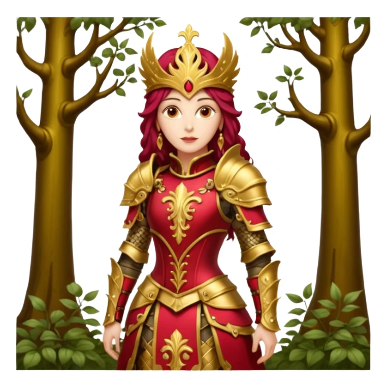 realistic cinematic actress Cher in baroque styling with crimson armor in a forest sticker