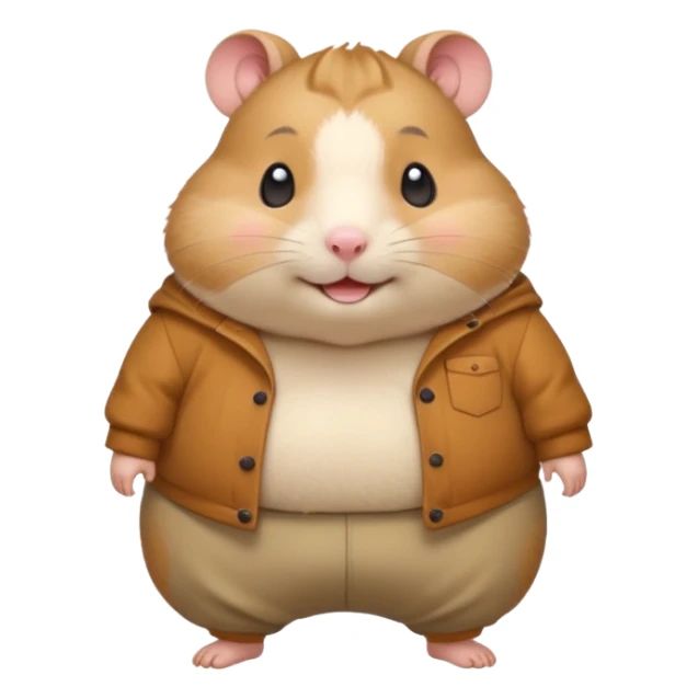 Cute chubby cartoon-style hamster wearing oversized pants that look too big, proud and smiling expression. Painterly shading, white background, sticker-style illustration sticker