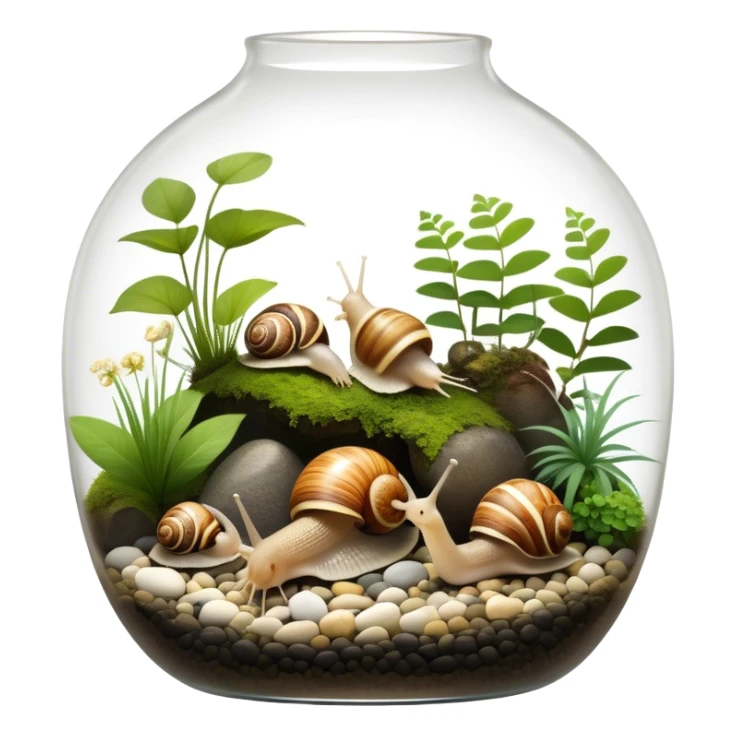 A collection of various snails and mollusks inside a small, lush terrarium with plants and moss. Some snails are crawling along the glass while others rest on pebbles. The scene is serene with soft lighting, showcasing the natural beauty of the mollusks. Transparent background. sticker